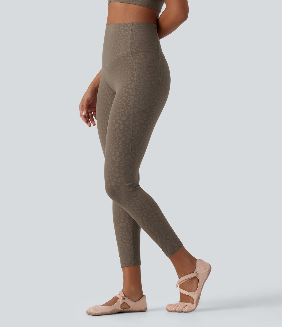Leopard Print High Waisted Tummy Control Yoga Leggings with Pockets — Hazelnut Dark Leopard — view 11