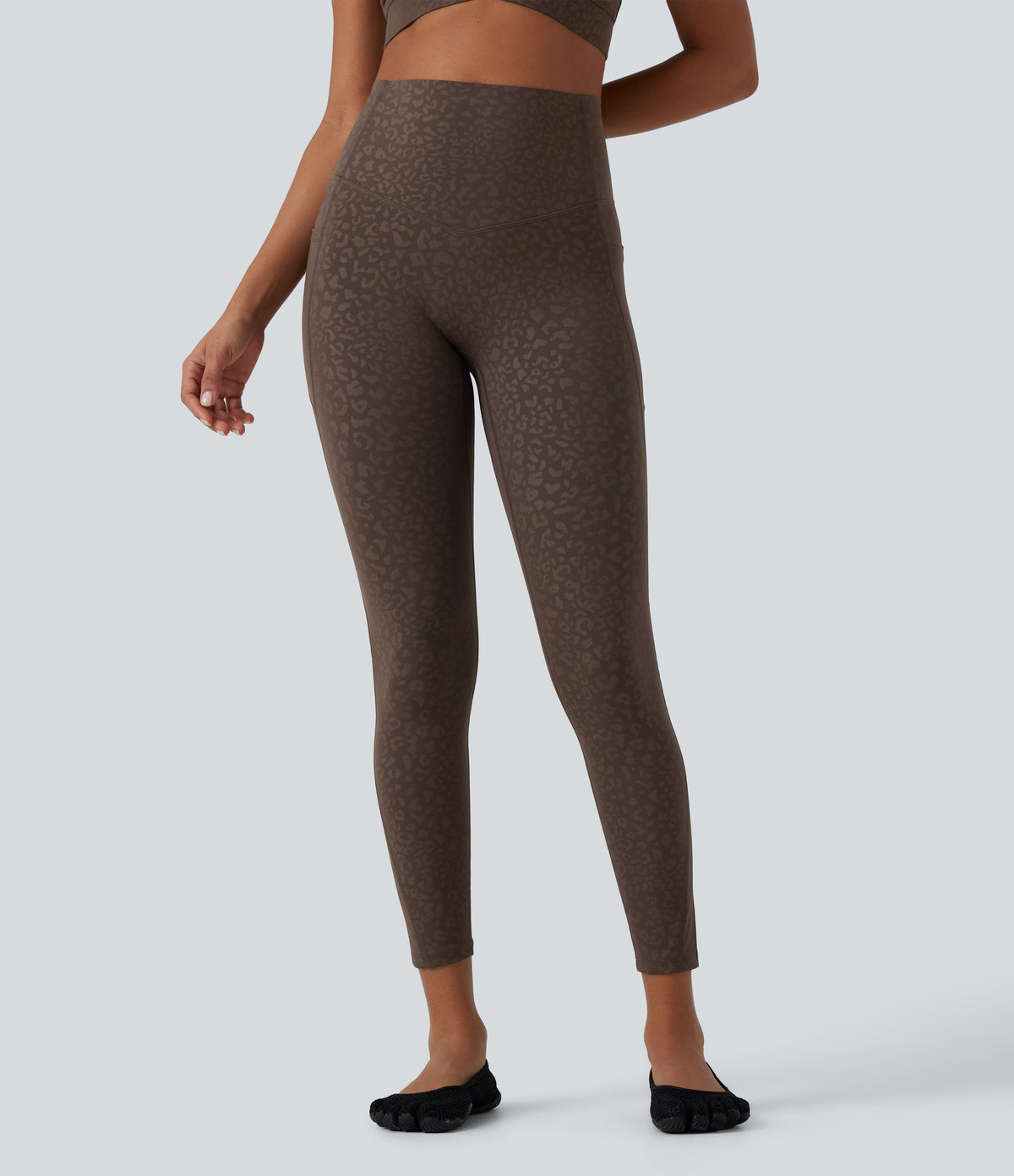 Leopard Print High Waisted Tummy Control Yoga Leggings with Pockets — Prairie Wild Dark Leopard — view 3