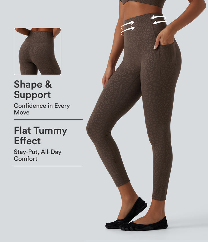 Leopard Print High Waisted Tummy Control Yoga Leggings with Pockets — Prairie Wild Dark Leopard — view 1