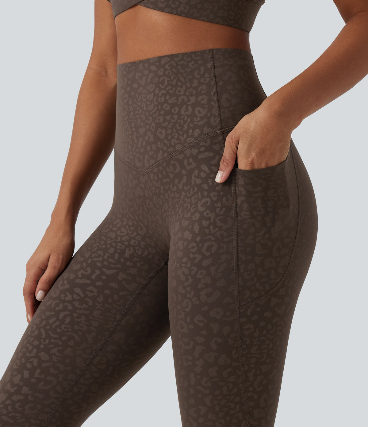 Leopard Print High Waisted Tummy Control Yoga Leggings with Pockets — Prairie Wild Dark Leopard — view 5