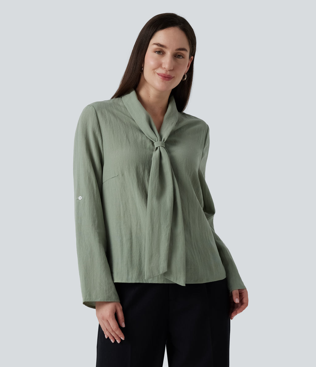 V Neck Long Sleeve Linen-Feel Work Tie Blouse — Hedge Green — view 5