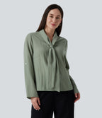 V Neck Long Sleeve Linen-Feel Work Tie Blouse — Hedge Green — view 5