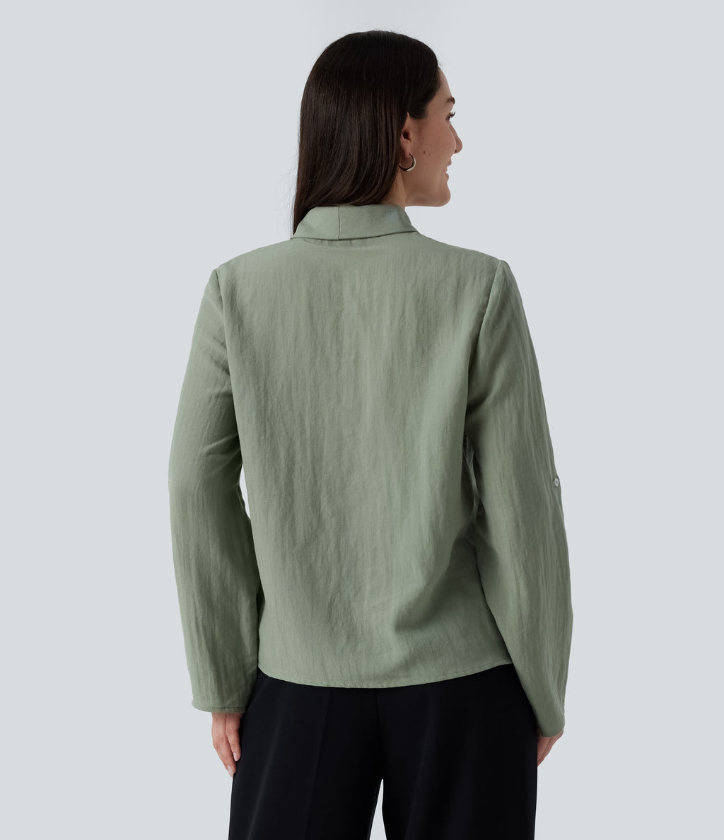 V Neck Long Sleeve Linen-Feel Work Tie Blouse — Hedge Green — view 2