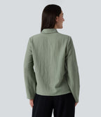 V Neck Long Sleeve Linen-Feel Work Tie Blouse — Hedge Green — view 2