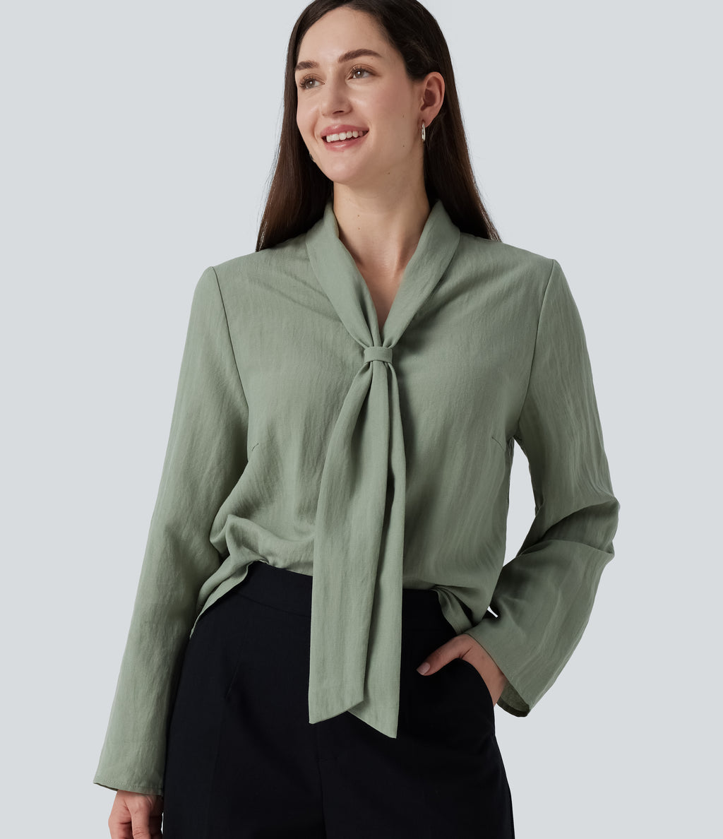 V Neck Long Sleeve Linen-Feel Work Tie Blouse — Hedge Green — view 1