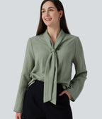 V Neck Long Sleeve Linen-Feel Work Tie Blouse — Hedge Green — view 1