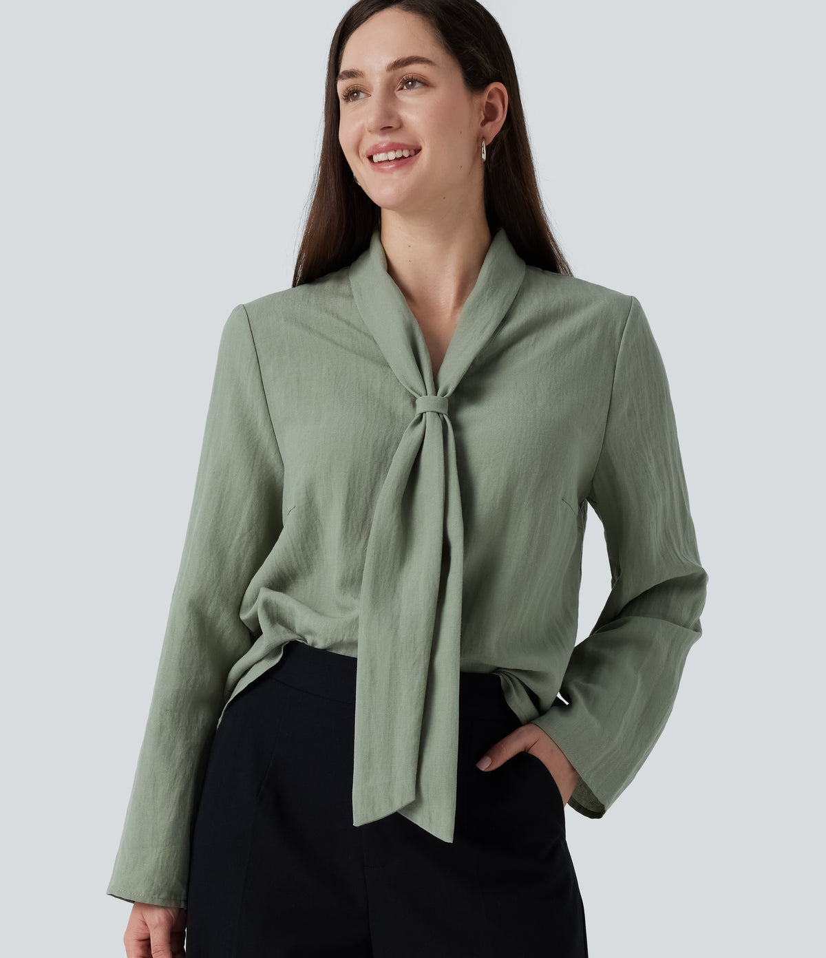 V Neck Long Sleeve Linen-Feel Work Tie Blouse — Hedge Green — view 1