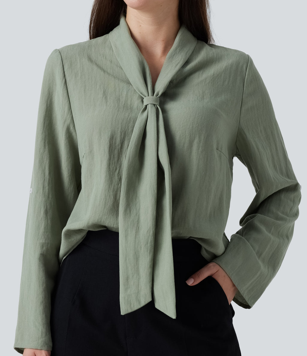 V Neck Long Sleeve Linen-Feel Work Tie Blouse — Hedge Green — view 7