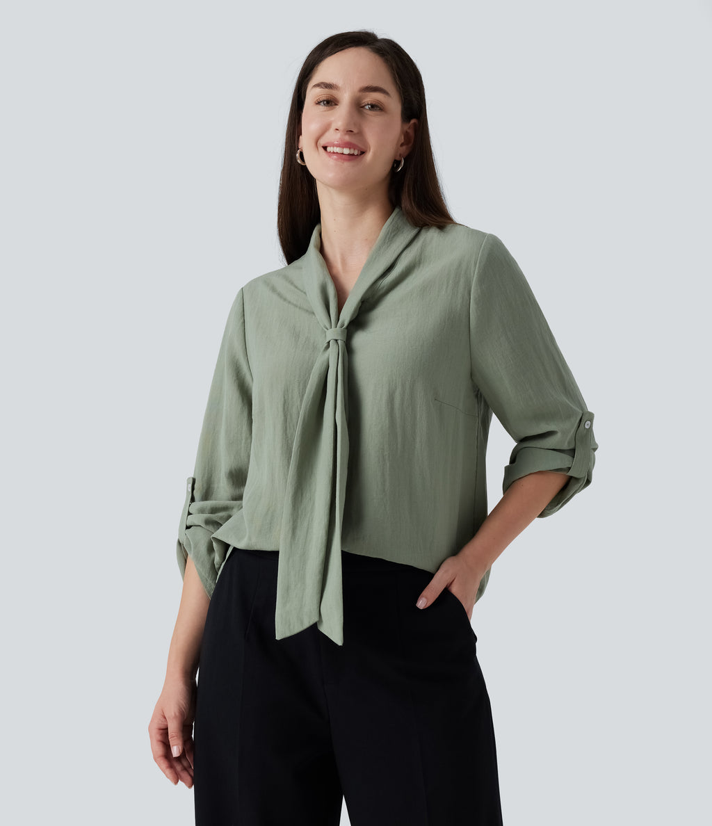 V Neck Long Sleeve Linen-Feel Work Tie Blouse — Hedge Green — view 4