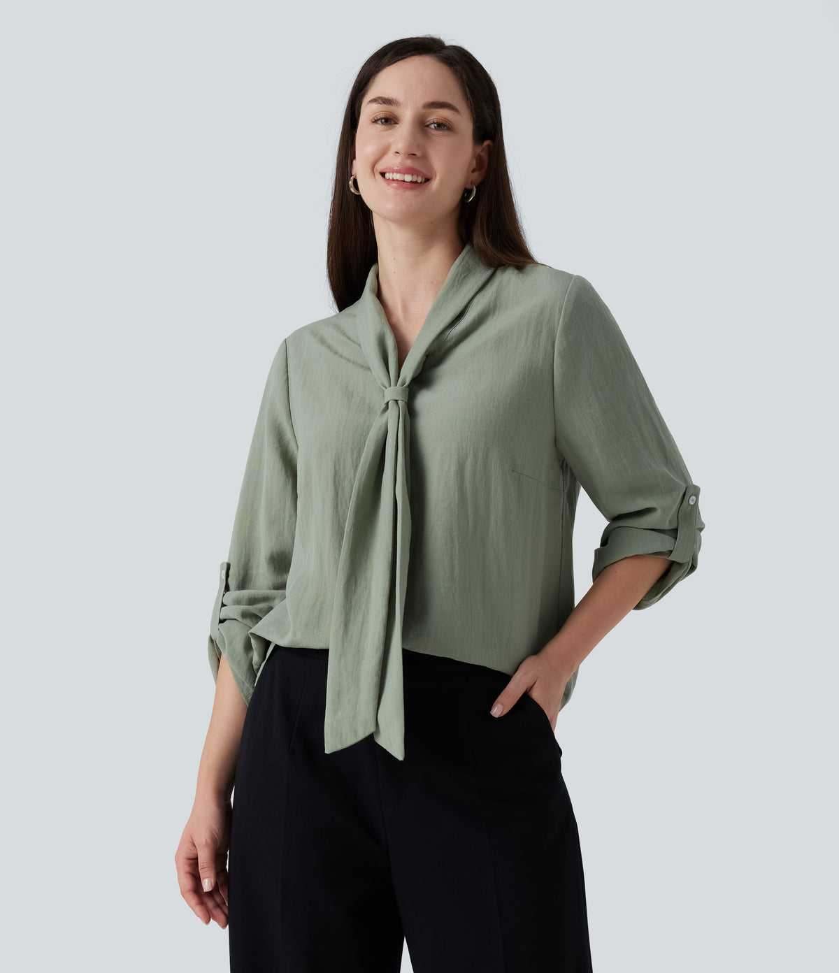 V Neck Long Sleeve Linen-Feel Work Tie Blouse — Hedge Green — view 4