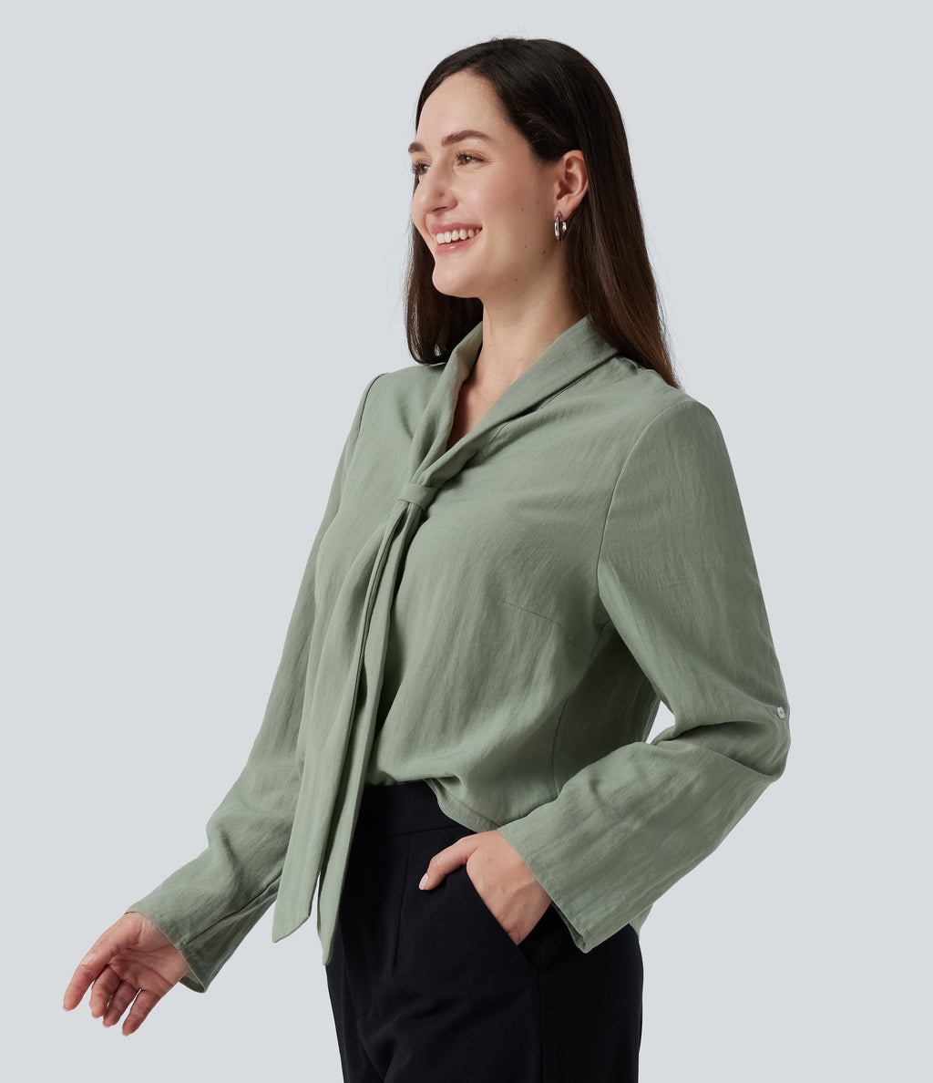 V Neck Long Sleeve Linen-Feel Work Tie Blouse — Hedge Green — view 3