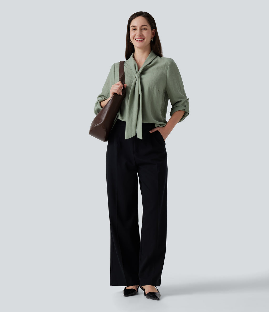 V Neck Long Sleeve Linen-Feel Work Tie Blouse — Hedge Green — view 8