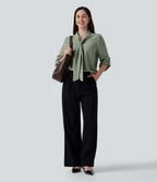 V Neck Long Sleeve Linen-Feel Work Tie Blouse — Hedge Green — view 8