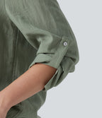 V Neck Long Sleeve Linen-Feel Work Tie Blouse — Hedge Green — view 6