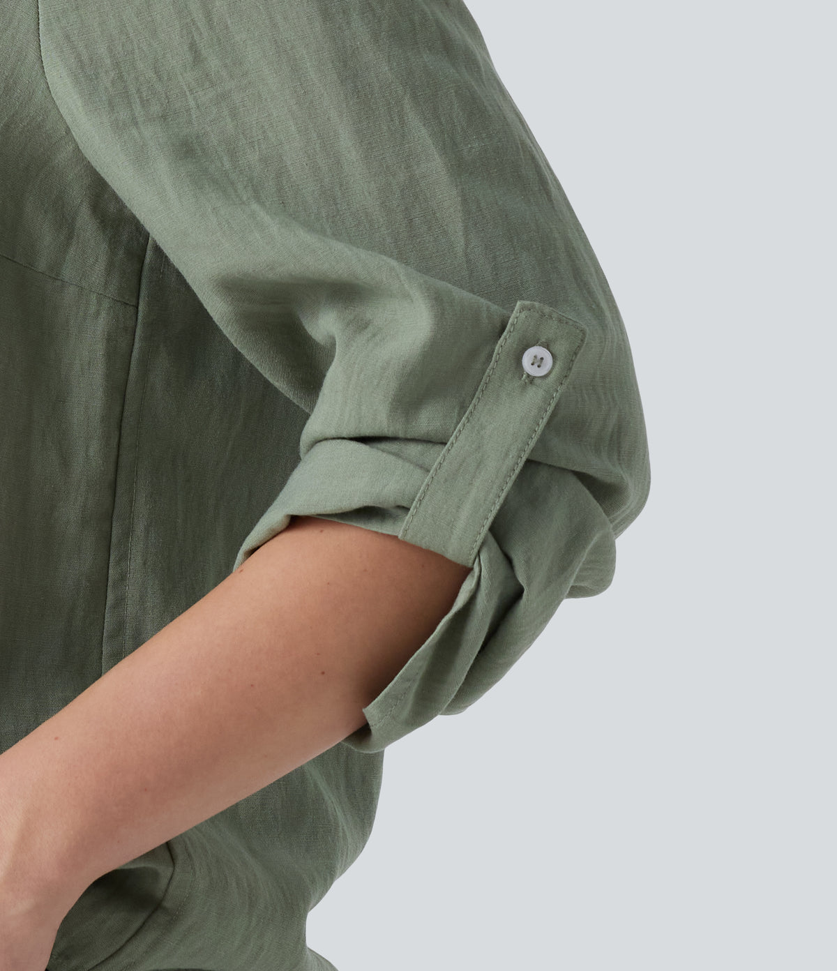 V Neck Long Sleeve Linen-Feel Work Tie Blouse — Hedge Green — view 6