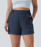 Plus Size High Waisted Rolled Hem Linen-Feel Resort Shorts 5'' with Pockets — Deep Secluded Blue — view 1