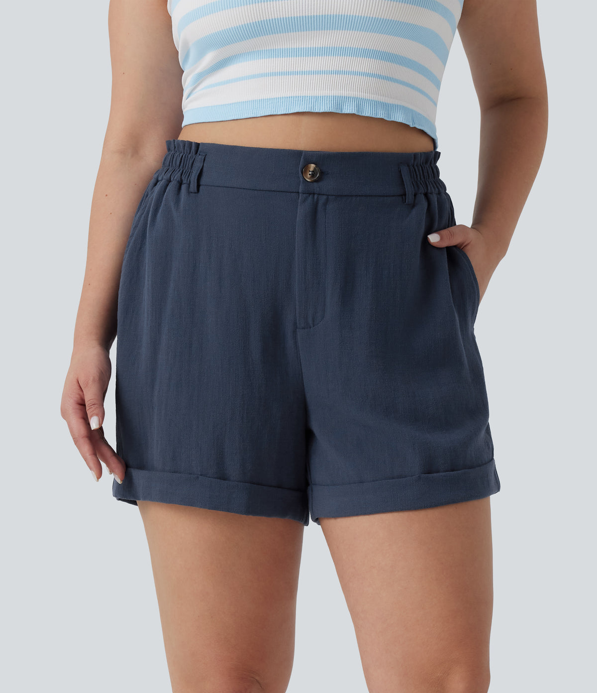 Plus Size High Waisted Rolled Hem Linen-Feel Resort Shorts 5'' with Pockets — Deep Secluded Blue — view 1