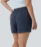Plus Size High Waisted Rolled Hem Linen-Feel Resort Shorts 5'' with Pockets — Deep Secluded Blue — view 4