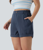Plus Size High Waisted Rolled Hem Linen-Feel Resort Shorts 5'' with Pockets — Deep Secluded Blue — view 3