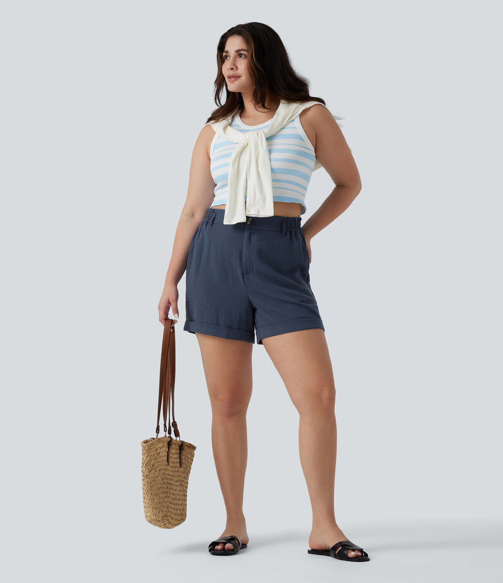 Plus Size High Waisted Rolled Hem Linen-Feel Resort Shorts 5'' with Pockets — Deep Secluded Blue — view 5