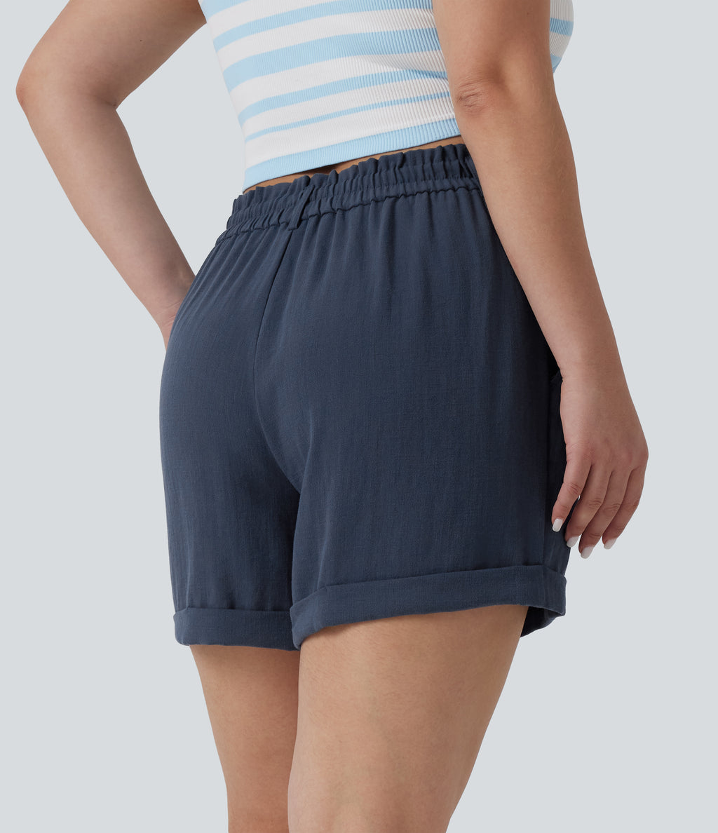 Plus Size High Waisted Rolled Hem Linen-Feel Resort Shorts 5'' with Pockets — Deep Secluded Blue — view 2