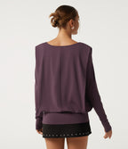 V Neck Long Sleeve Thumb Hole Ruched Casual Top — Plum Wine — view 2