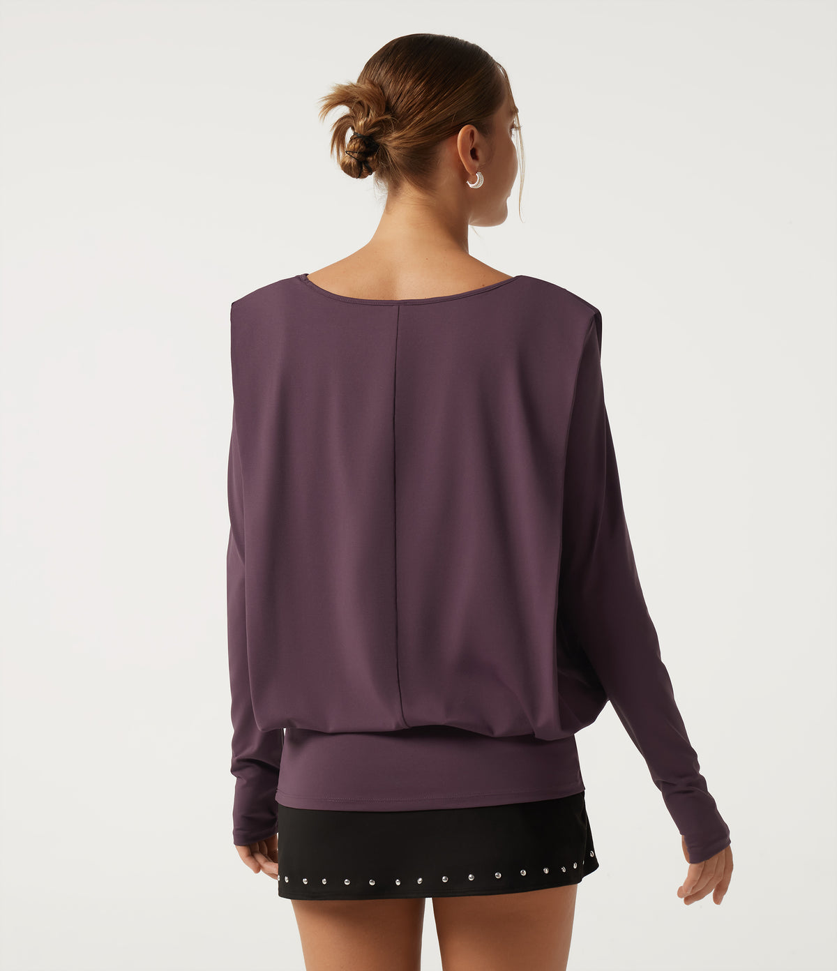 V Neck Long Sleeve Thumb Hole Ruched Casual Top — Plum Wine — view 2