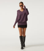 V Neck Long Sleeve Thumb Hole Ruched Casual Top — Plum Wine — view 7