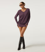 V Neck Long Sleeve Thumb Hole Ruched Casual Top — Plum Wine — view 8