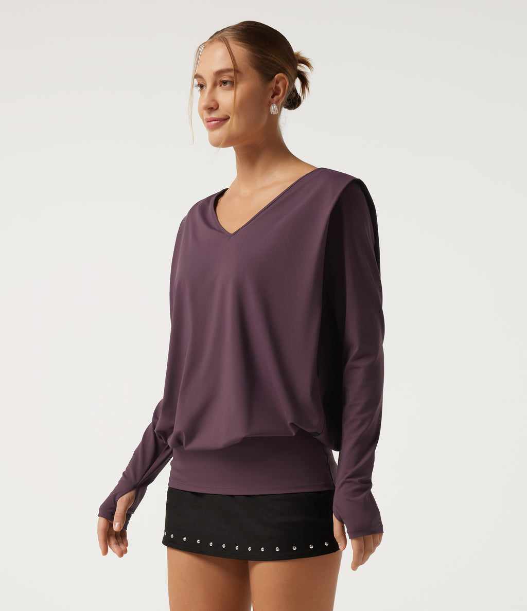 V Neck Long Sleeve Thumb Hole Ruched Casual Top — Plum Wine — view 5