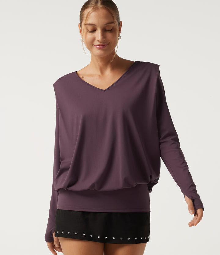 V Neck Long Sleeve Thumb Hole Ruched Casual Top — Plum Wine — view 1