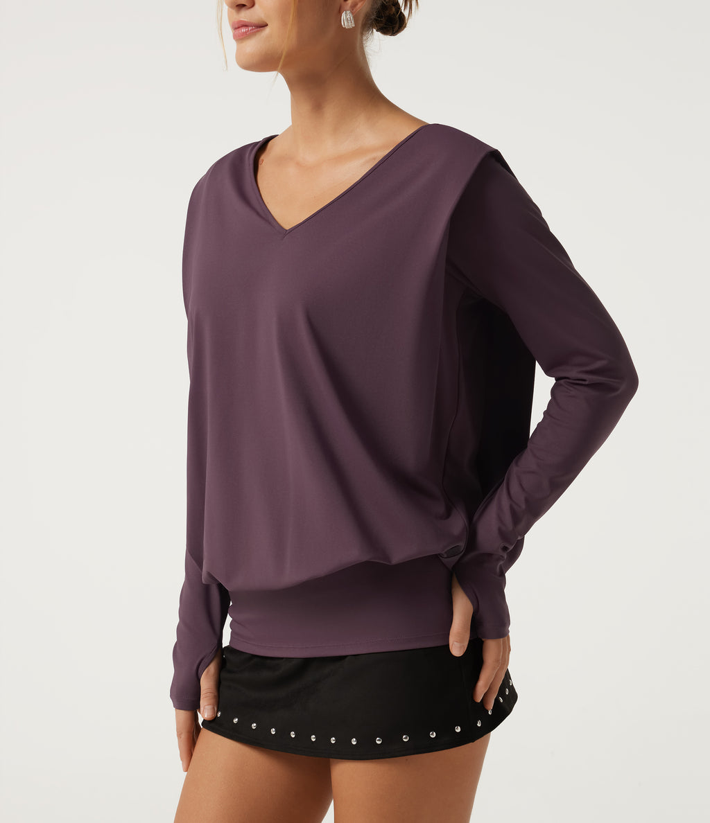 V Neck Long Sleeve Thumb Hole Ruched Casual Top — Plum Wine — view 3