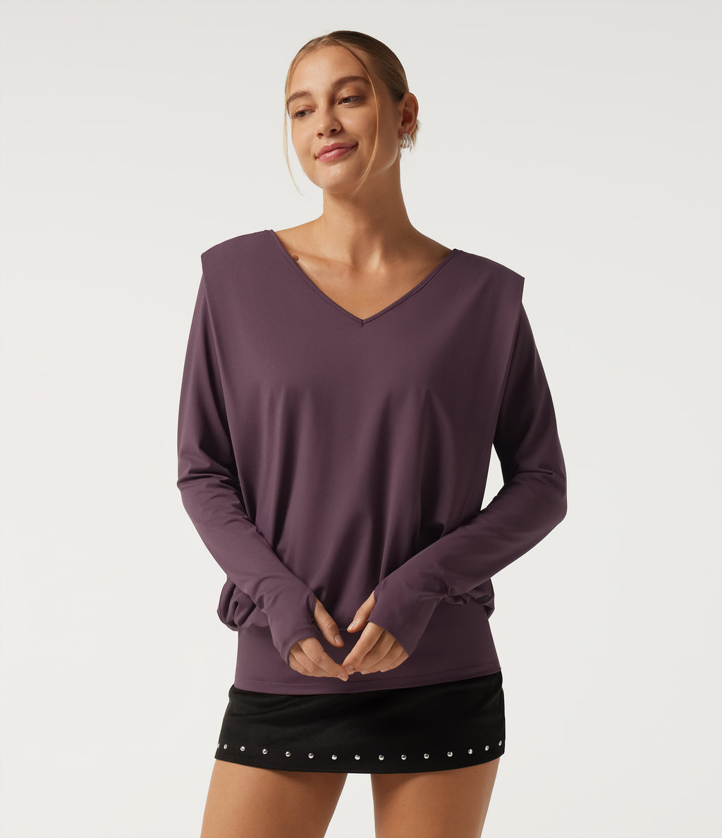 V Neck Long Sleeve Thumb Hole Ruched Casual Top — Plum Wine — view 4