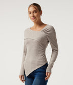 Ribbed Knit V Neck Long Sleeve Crossover Ruched Asymmetric Casual Top — Smoked Olive — view 3