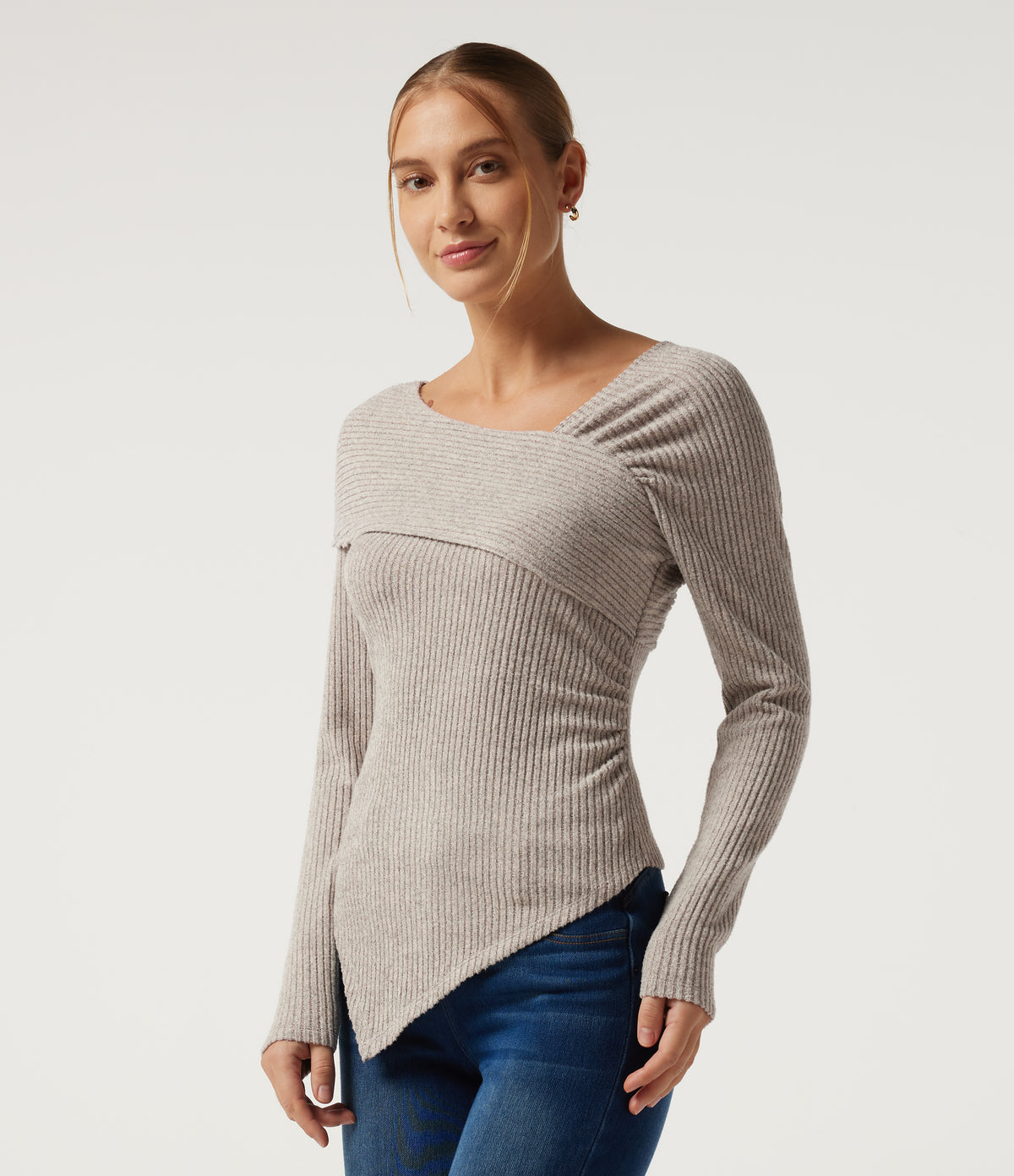 Ribbed Knit V Neck Long Sleeve Crossover Ruched Asymmetric Casual Top — Smoked Olive — view 3