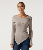 Ribbed Knit V Neck Long Sleeve Crossover Ruched Asymmetric Casual Top — Smoked Olive — view 4