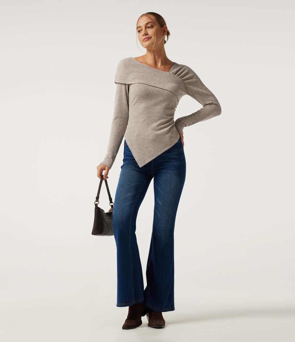 Ribbed Knit V Neck Long Sleeve Crossover Ruched Asymmetric Casual Top — Smoked Olive — view 6