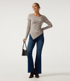 Ribbed Knit V Neck Long Sleeve Crossover Ruched Asymmetric Casual Top — Smoked Olive — view 6