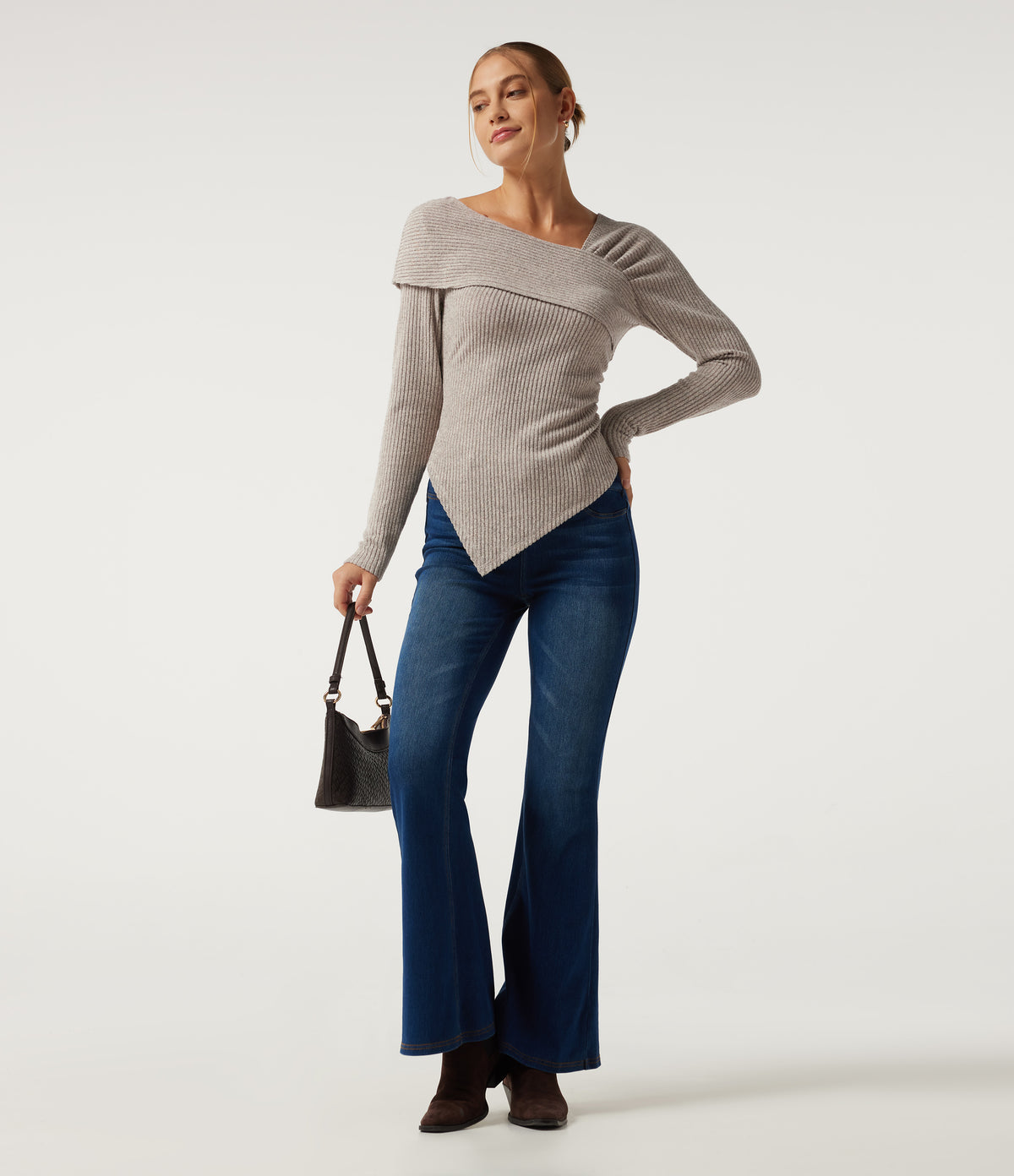 Ribbed Knit V Neck Long Sleeve Crossover Ruched Asymmetric Casual Top — Smoked Olive — view 6