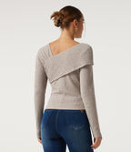 Ribbed Knit V Neck Long Sleeve Crossover Ruched Asymmetric Casual Top — Smoked Olive — view 2