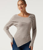 Ribbed Knit V Neck Long Sleeve Crossover Ruched Asymmetric Casual Top — Smoked Olive — view 1
