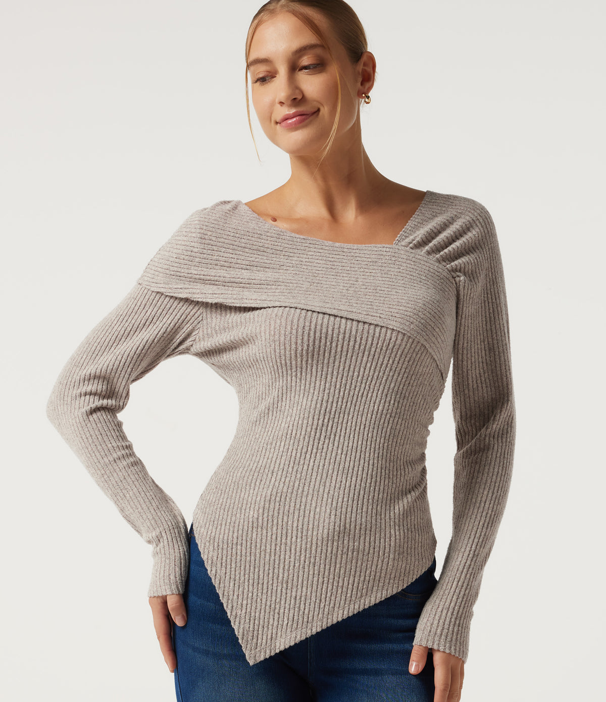 Ribbed Knit V Neck Long Sleeve Crossover Ruched Asymmetric Casual Top — Smoked Olive — view 1
