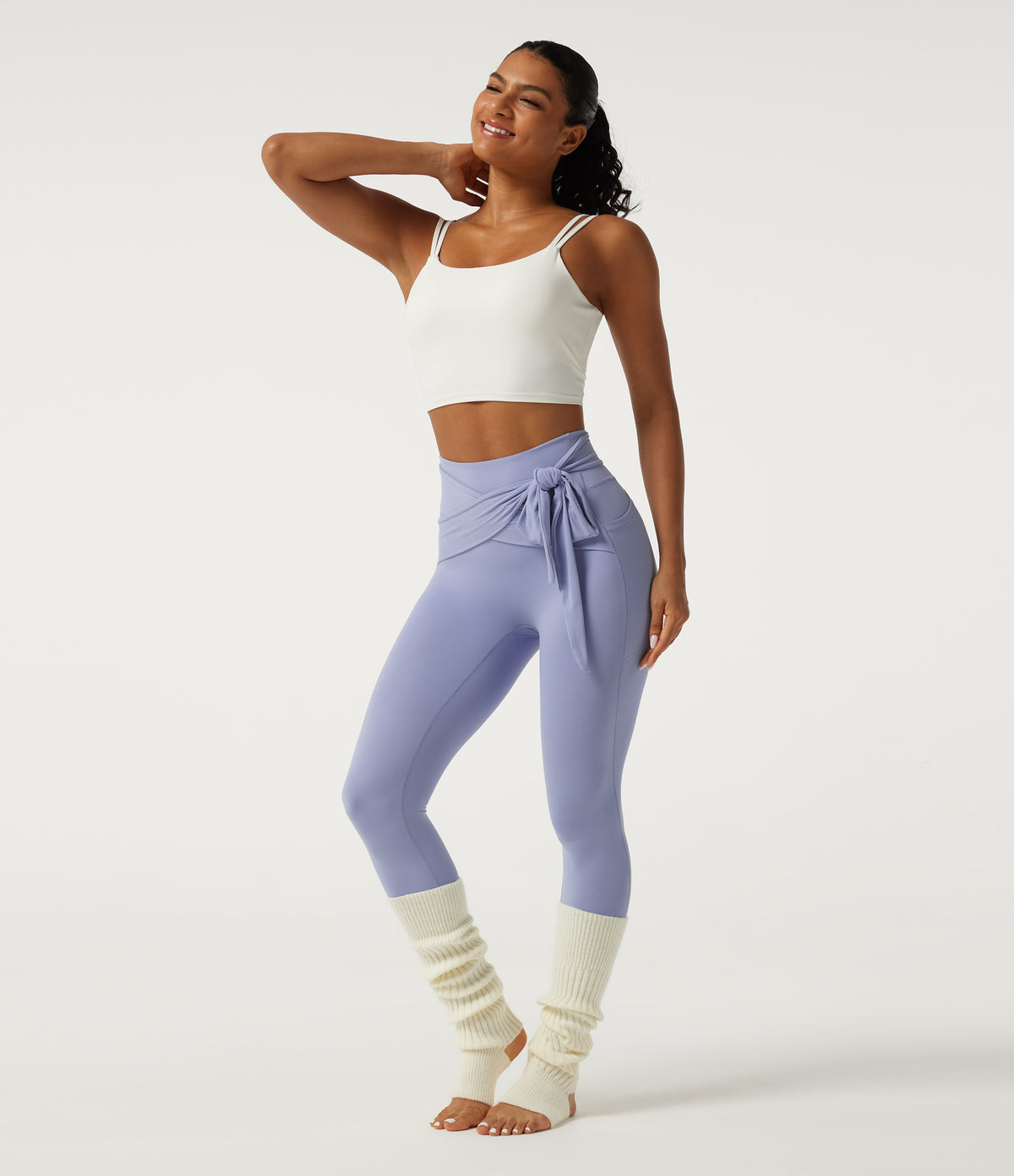 High Waisted Tie Front Yoga Leggings with Pockets — Xenon Blue — view 7