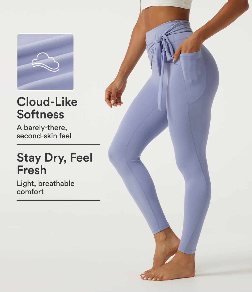 High Waisted Tie Front Yoga Leggings with Pockets — Xenon Blue — view 1