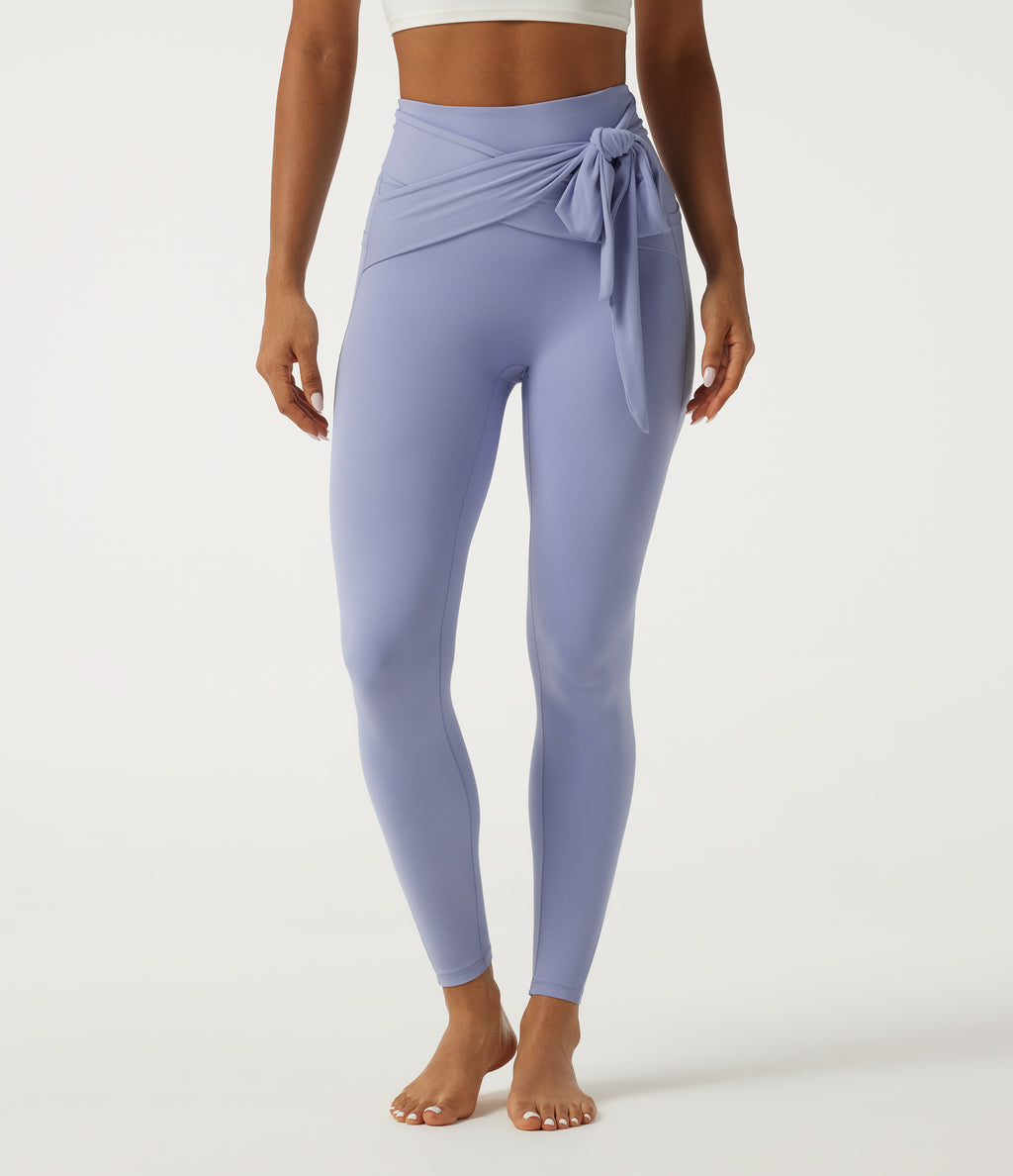 High Waisted Tie Front Yoga Leggings with Pockets — Xenon Blue — view 3