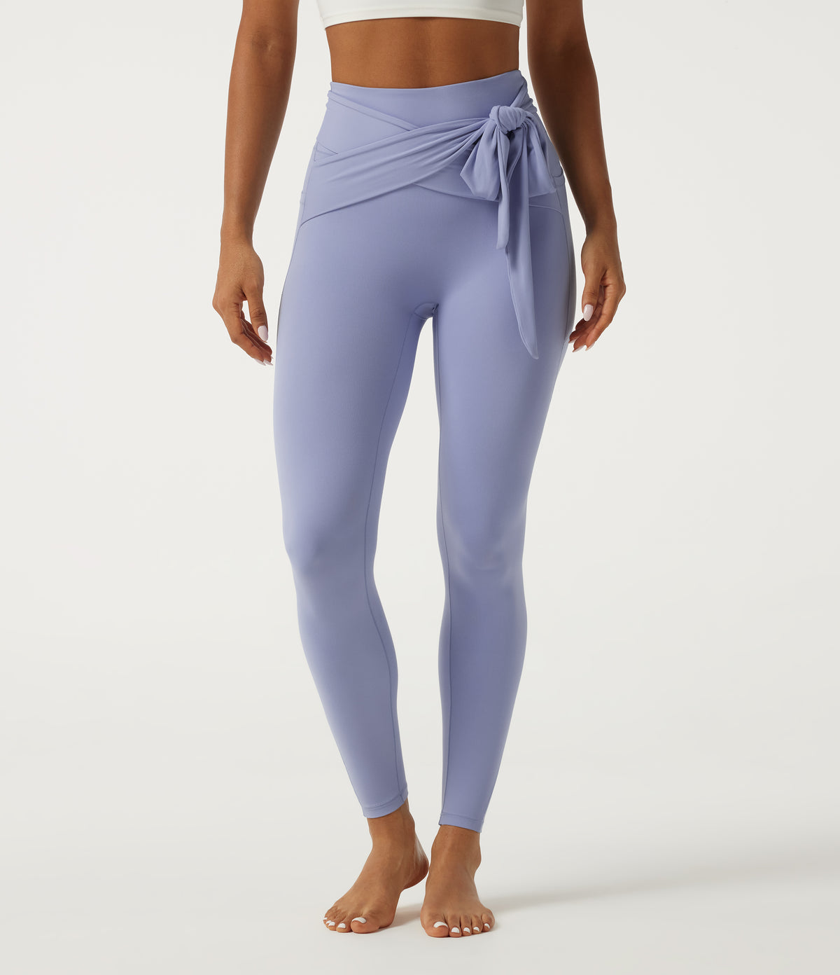 High Waisted Tie Front Yoga Leggings with Pockets — Xenon Blue — view 3