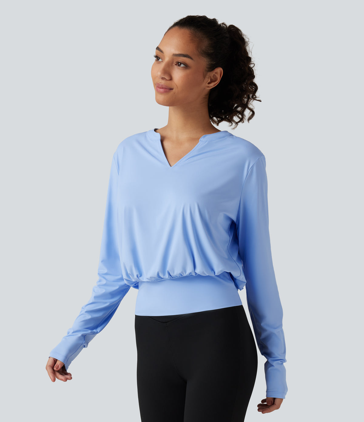 Henley Neck Long Sleeve InstantCool Yoga Sports Top-UPF50+ — Sky Blue — view 3