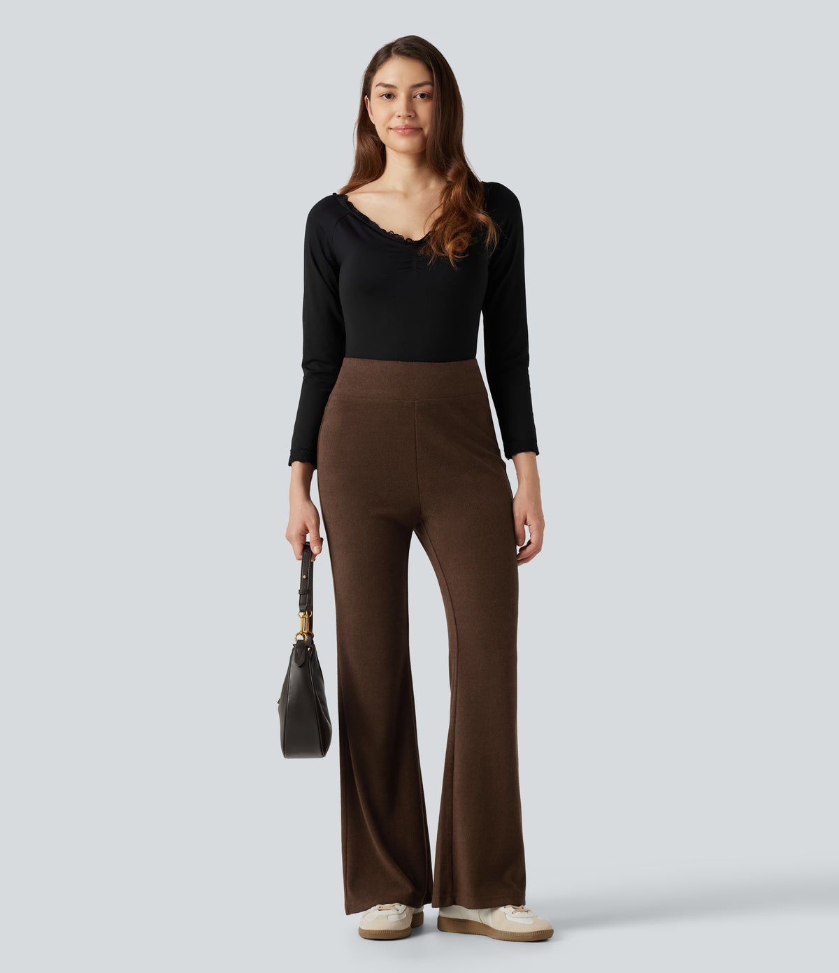 High Waisted Flare Casual Trousers — Thick Earthy Brown — view 7