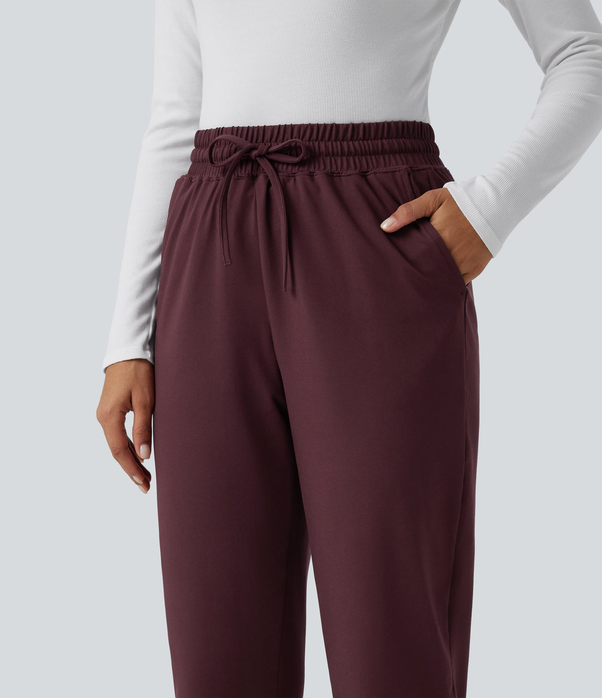 High Waisted Drawstring Casual Joggers with Pockets — Windsor Wine — view 4