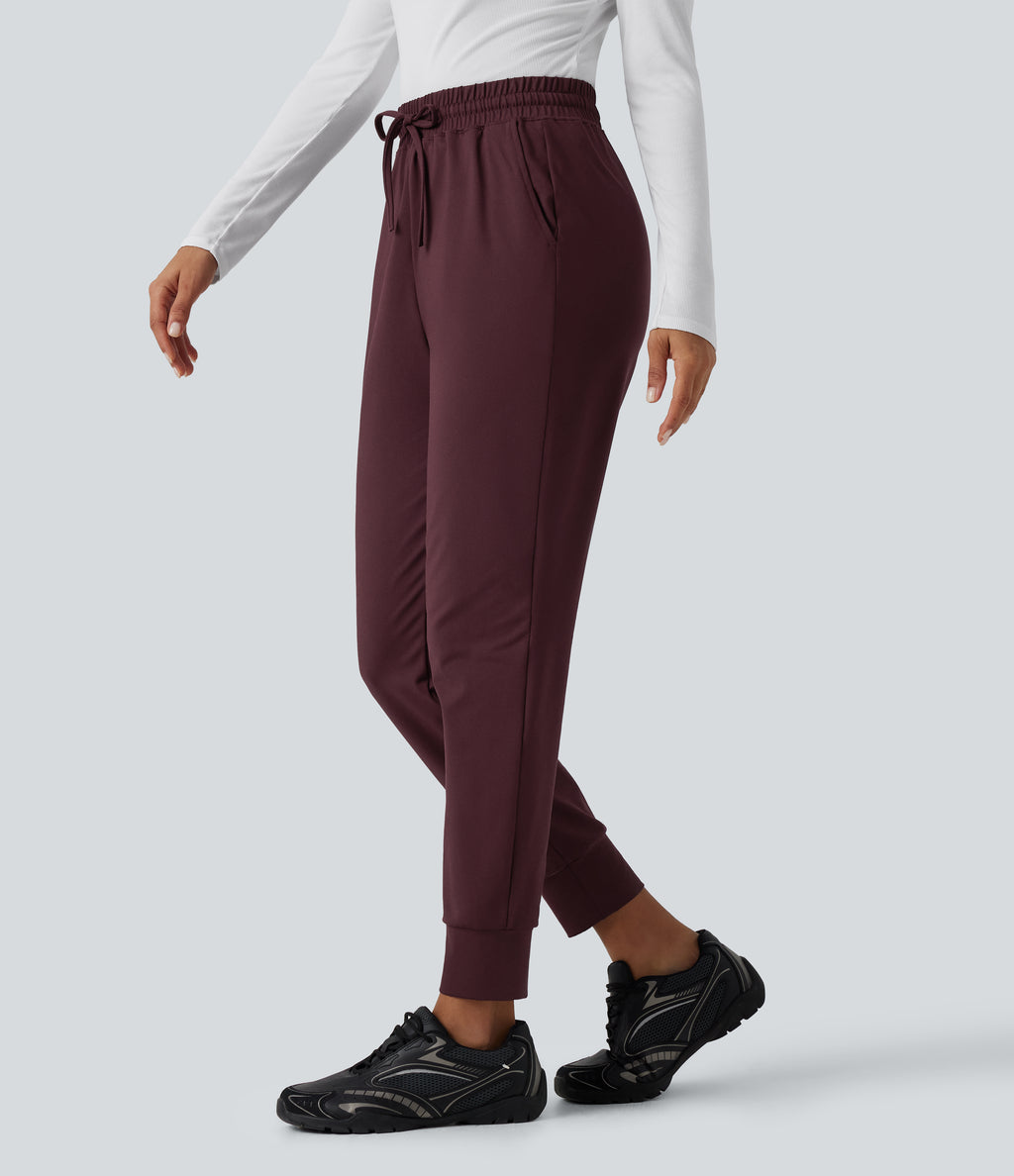 High Waisted Drawstring Casual Joggers with Pockets — Windsor Wine — view 1